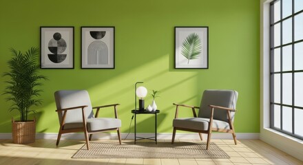 A modern living room with two armchairs, a coffee table, and artwork on a lime green wall