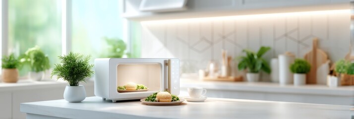 A modern kitchen scene featuring a microwave heating food, surrounded by plants and bright natural light.