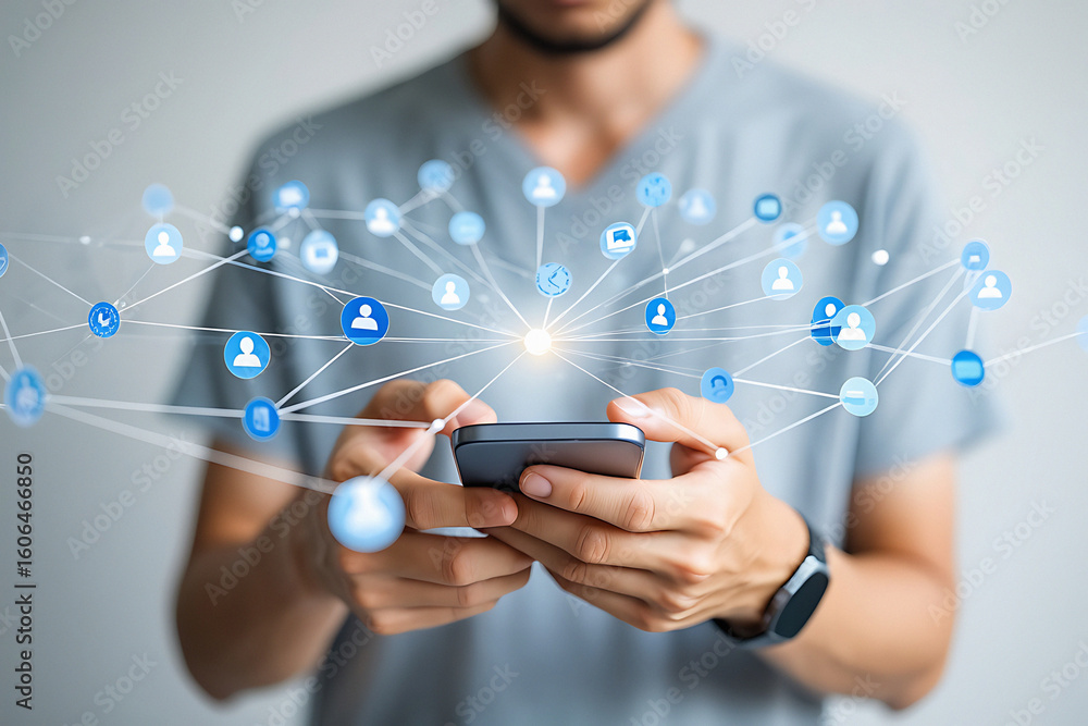 Poster man holding smartphone with social network connection and light effect coming from the center