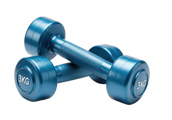 Naklejka premium Two blue dumbbells weighing 3kg each, positioned on a clean white background, ideal for fitness