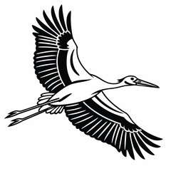 Elegant Black and White Illustration of a Wood Stork in Flight Graceful Bird with Striking Wing Pattern