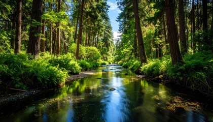 Lush forest stream in sunlight