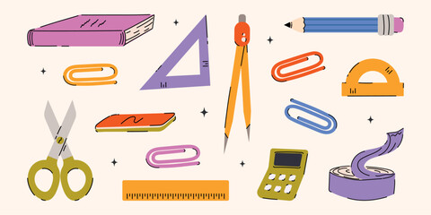 Whimsical back to school stationery supply set. Cartoon school elements, pencil, book, scissors, calculator, paper clips, ruler for education, sticker, banner. Flat hand drawn isolated vector illustra