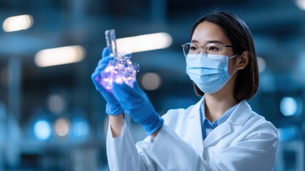 A scientist in a lab coat and mask examines a glowing liquid in a beaker, focusing intently in a modern laboratory setting.