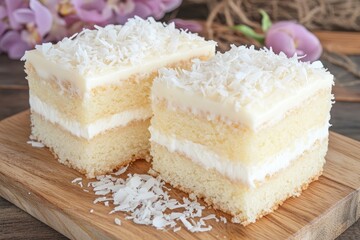 Two layered vanilla cakes, frosted with white icing and topped with shredded coconut, rest on a wooden cutting board.  Delicate pink flowers blur in the background