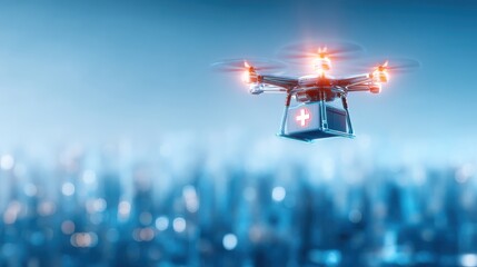 A drone carrying a medical supply box with a red cross flies over a cityscape, symbolizing advanced healthcare delivery through technology.