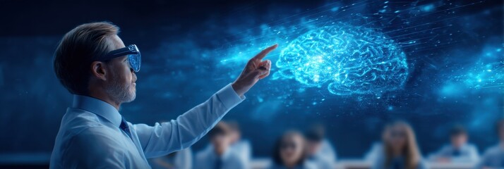 A man wearing VR glasses interacts with a glowing digital brain hologram, symbolizing AI, neuroscience, and futuristic technology in a collaborative environment.