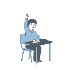 Boy Student Raising Hand in Class Attentive Pose Simple Line Art Illustration.
