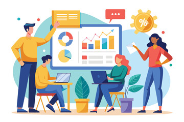 People presenting a project with charts and graphs in a collaborative setting