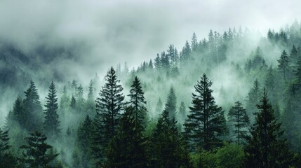 Misty mountain forest scene. Lush green trees, shrouded in a thick, soft fog, rise up a hillside