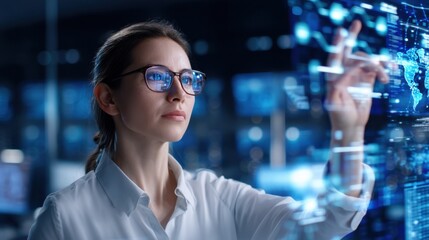 A focused woman wearing glasses interacts with a transparent digital interface displaying futuristic data and holograms in a modern tech environment.