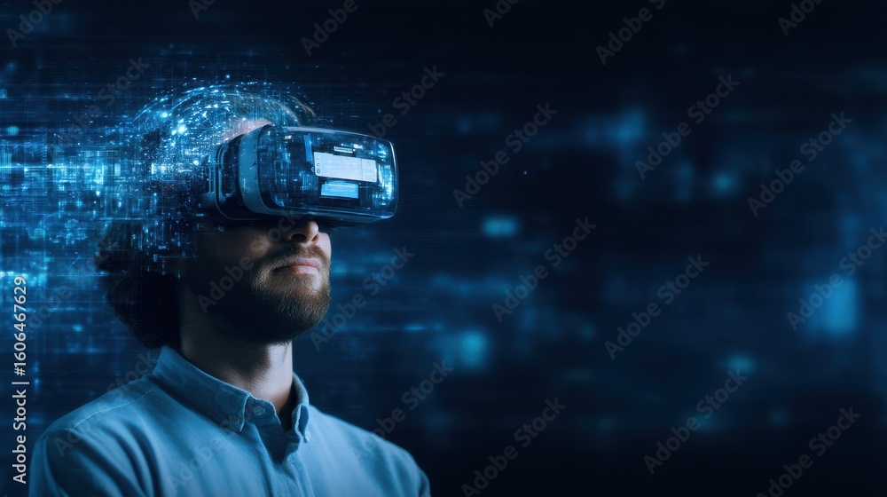 Poster a man wearing a virtual reality headset immersed in a digital, futuristic environment with glowing d