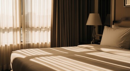 Sunlight streams through sheer curtains, casting striped shadows across a neatly made hotel bed