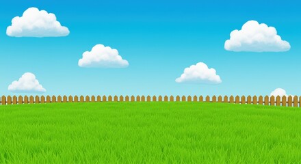 Cartoonish illustration of a grassy field with a wooden fence under a clear blue sky with puffy clouds.