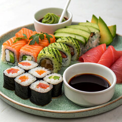 Fresh salmon sushi with cucumber and rice on a white plate, a delicious and healthy seafood appetizer, healthy food, freshness, sliced, healthy meal, freshcut