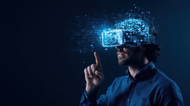 A man wearing a virtual reality headset interacts with a digital environment, surrounded by futuristic blue holographic graphics.