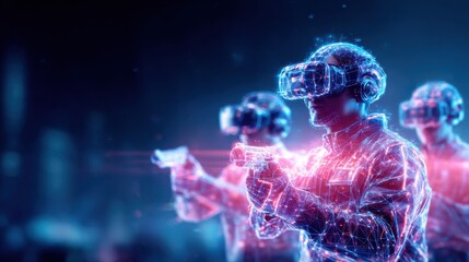Futuristic soldiers wearing VR headsets and holding guns, depicted with digital wireframe effects in a glowing blue and pink cybernetic environment.