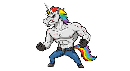 An intimidating muscle unicorn with a chiseled physique and colorful rainbow hair, depicted as an angry cartoon mascot ready for battle.