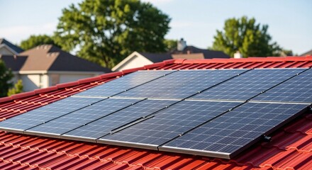 Solar panels installed on a red tile roof of a residential house under a clear sky.