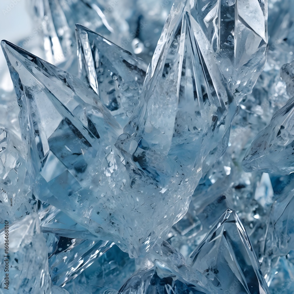 Fototapete macro view of geometric ice crystal patterns forming abstract polygonal structures, cool blue and wh