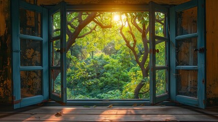 Open blue window looking out to a forest with bright sunlight shining through the trees