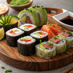 Traditional Japanese sushi rolls with salmon and avocado, served on a white plate with chopsticks, healthy food, serving, gourmet food