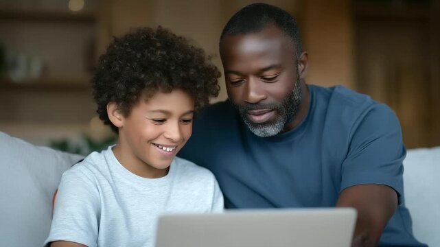 Caring multiracial family Black father and white teen son working together on virtual learning