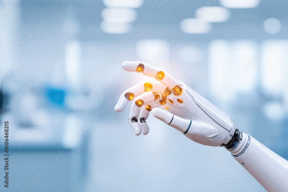 Poster a robotic hand with illuminated fingertips is extending forward in a blurred, modern indoor setting.