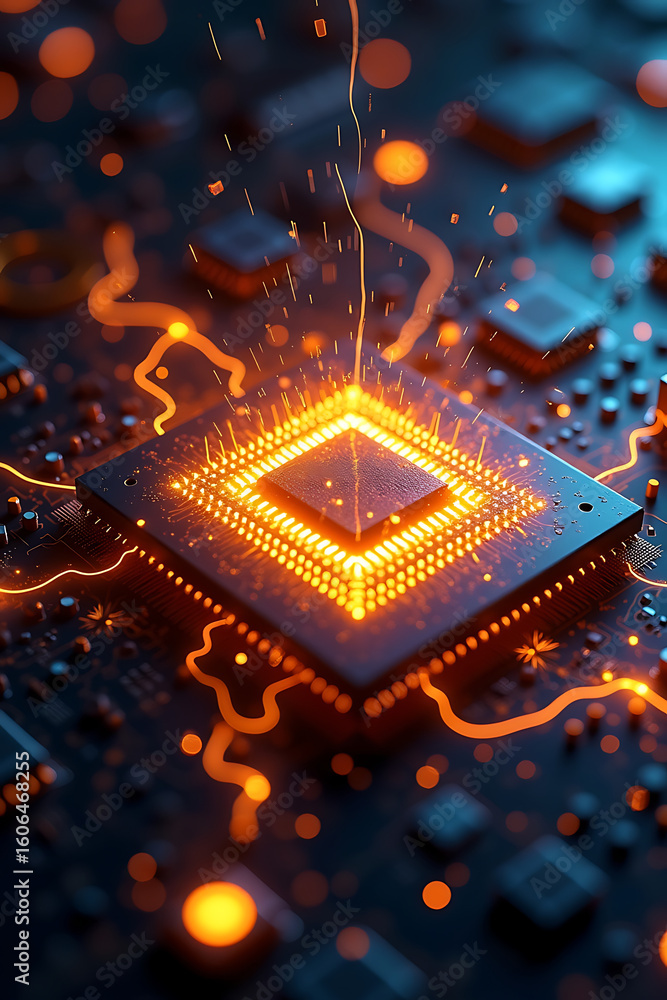 Poster close-up of a glowing central processing unit (cpu) with orange light trails and surrounding compone