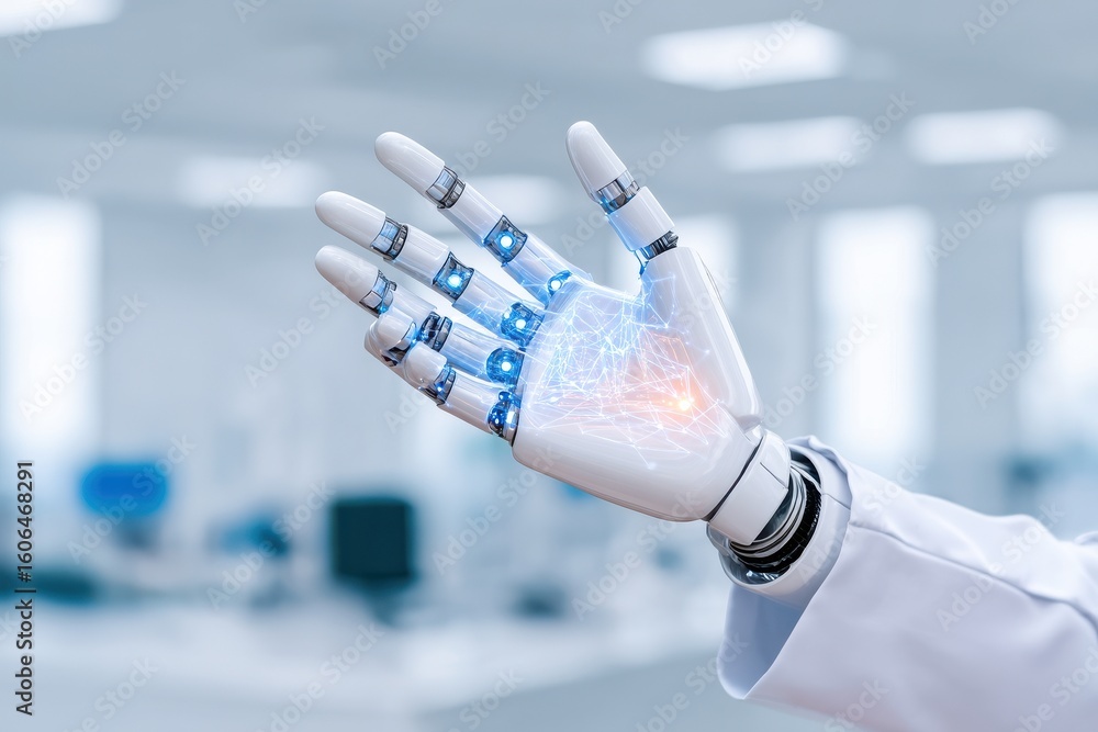 Poster a futuristic robotic hand with illuminated circuits is displayed in a modern, blurred office setting