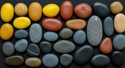 A collection of smooth, colorful stones arranged on a dark surface.