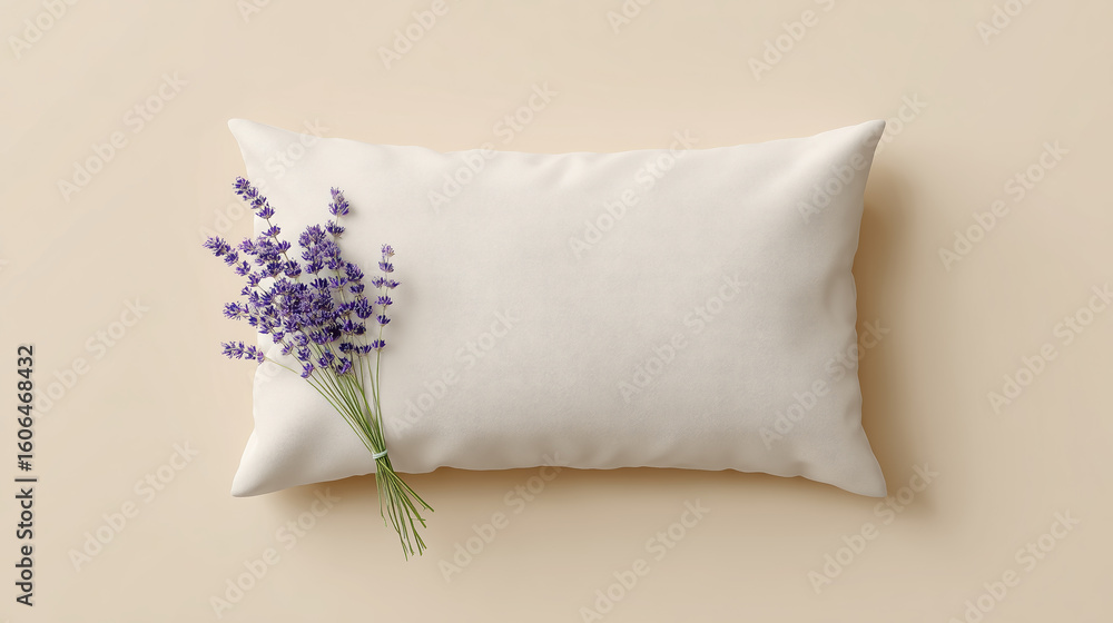 Poster soft beige pillow with lavender bouquet placed on a smooth surface, creating a serene and calming at