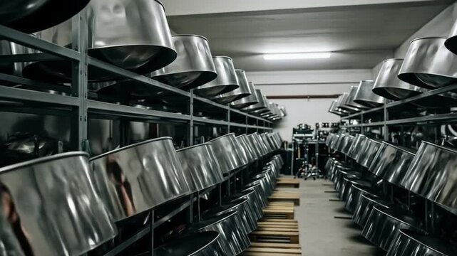 Rows of Gleaming Steel Pans Ready for Music Creation in a Workshop