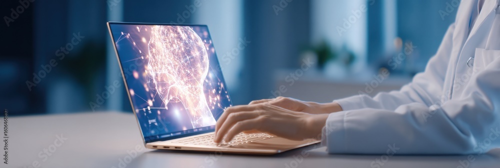 Poster a person interacts with a laptop displaying a glowing light bulb made of connected digital nodes, sy