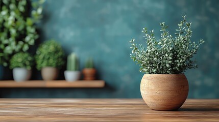 Small potted plant on wooden table, plants on shelf, teal wall background
