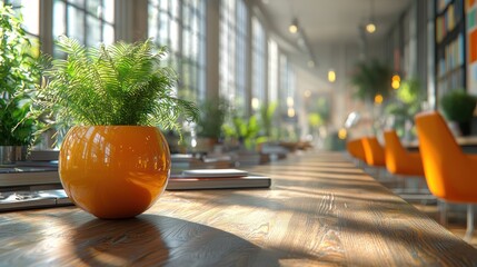 Modern workspace with plants, sunlight, and orange accents