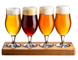 Four Tasting Glasses of Craft Beer on Wooden Paddle, Angled Perspective, Isolated Transparent Background
