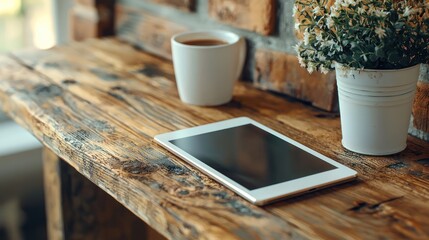 Tablet on rustic wooden shelf with coffee and flowers.  Possible use  Stock photo for interior design, technology, or lifestyle themes