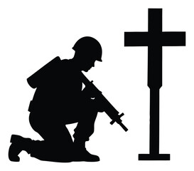 Silhouette of kneeling soldier with rifle near cross symbol for Remembrance Day and Memorial Day honoring fallen heroes