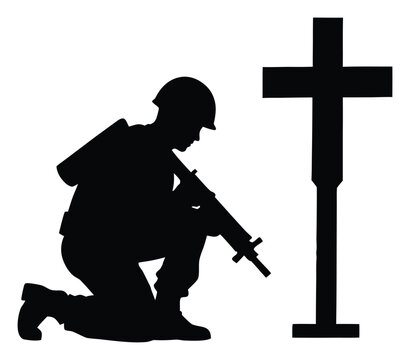 Silhouette of kneeling soldier with rifle near cross symbol for Remembrance Day and Memorial Day honoring fallen heroes