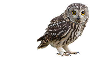 A striking owl perched gracefully, showcasing its vivid eyes and intricate plumage against a dark background