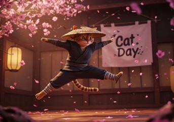An orange tabby cat dressed as a ninja is jumping in a dynamic pose under falling cherry blossom petals. International cat day celebration.