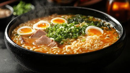 Steaming ramen bowl with eggs, pork, and scallions; restaurant background; food photography