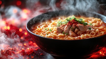 Spicy noodle soup steaming hot, dark background, food photography, restaurant menu