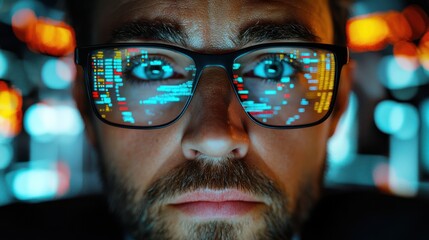 Programmer coding late night, city lights blurred background, website development
