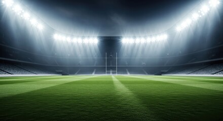 A brightly lit rugby stadium at night, with a perfectly manicured green field and goalposts