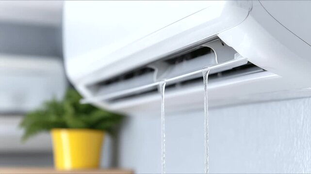 Close-up of a leaking air conditioner with water drops dripping from indoor unit on white wall air conditioner leak, water dripping AC, HVAC maintenance, indoor AC 