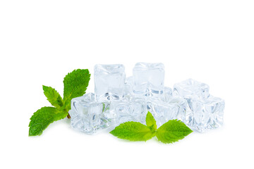 Mint and ice isolated on white background. Green fresh mint and ice cube. Mint leaves, ice cube and...