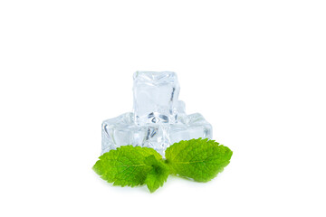 Mint and ice isolated on white background. Green fresh mint and ice cube. Mint leaves, ice cube and water drops for cold drink.