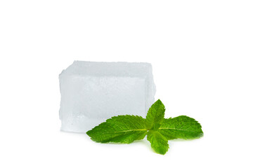 Mint and ice isolated on white background. Green fresh mint and ice cube. Mint leaves, ice cube and...